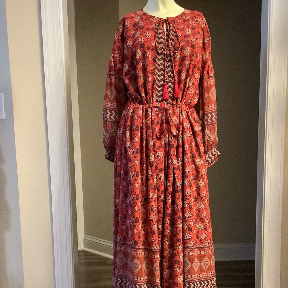 Wayward Fancies: Long Sleeve Floral 
Midi Dress Front Button Closure 2 Pockets